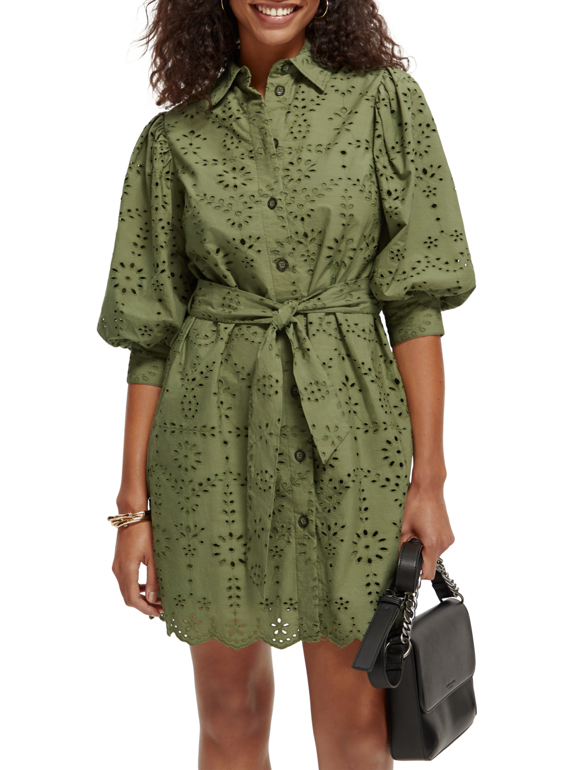 Scotch & Soda Puff sleeve cotton midi dress-Olive Green