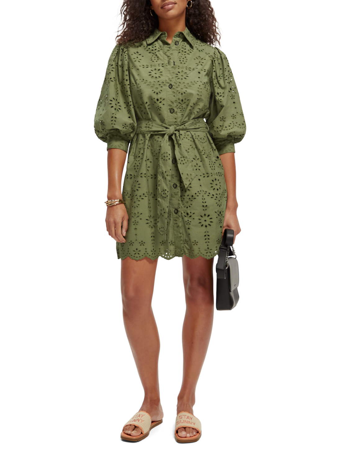 Scotch & Soda Puff sleeve cotton midi dress-Olive Green - Image 4