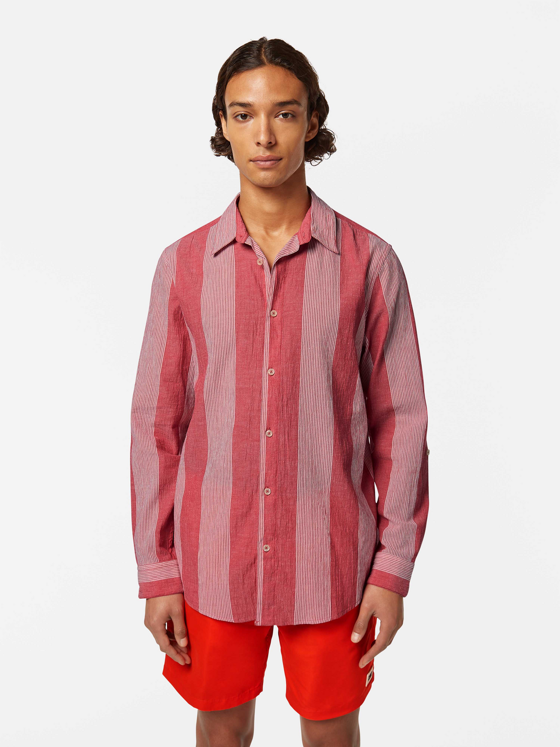 Scotch & Soda Crinkled-stripe regular fit shirt-Roadside Red Stripe