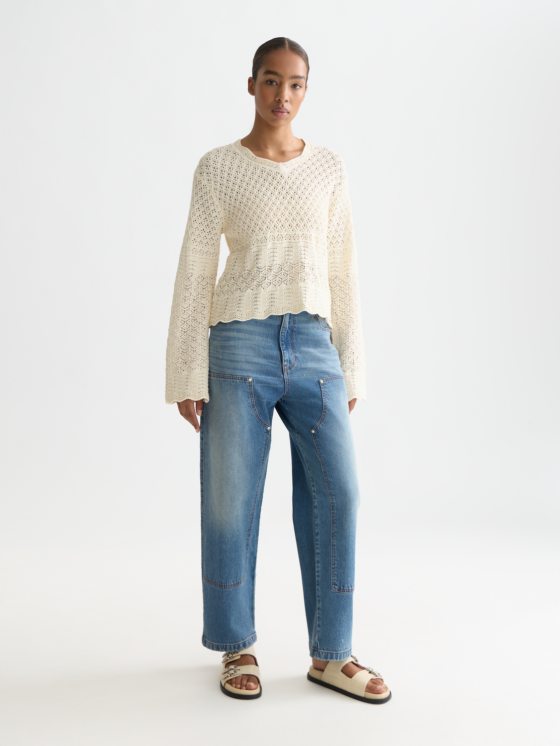 Scotch & Soda Female Pointelle stitch V neck pullover-Eggnog - Image 3