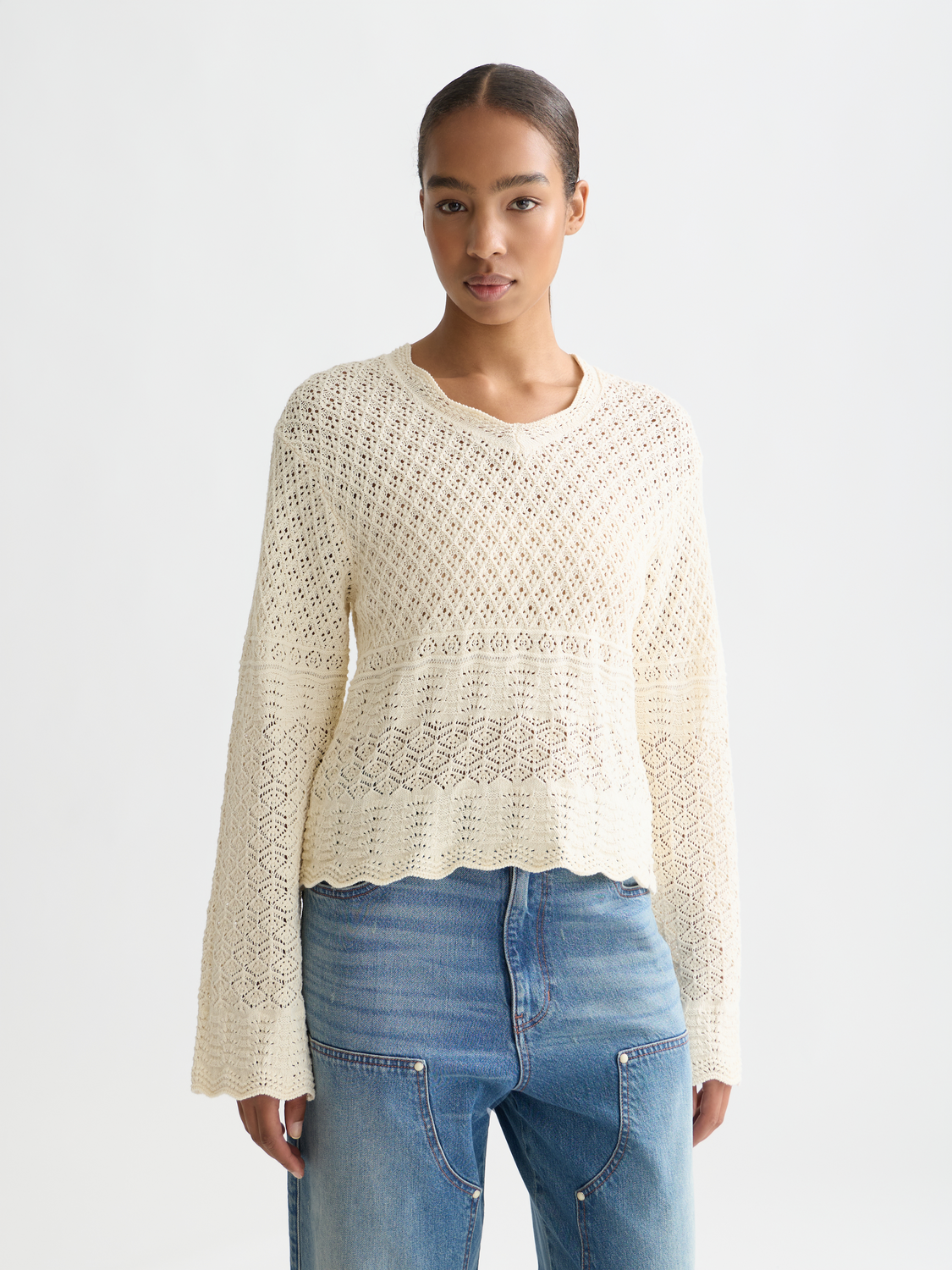 Scotch & Soda Female Pointelle stitch V neck pullover-Eggnog