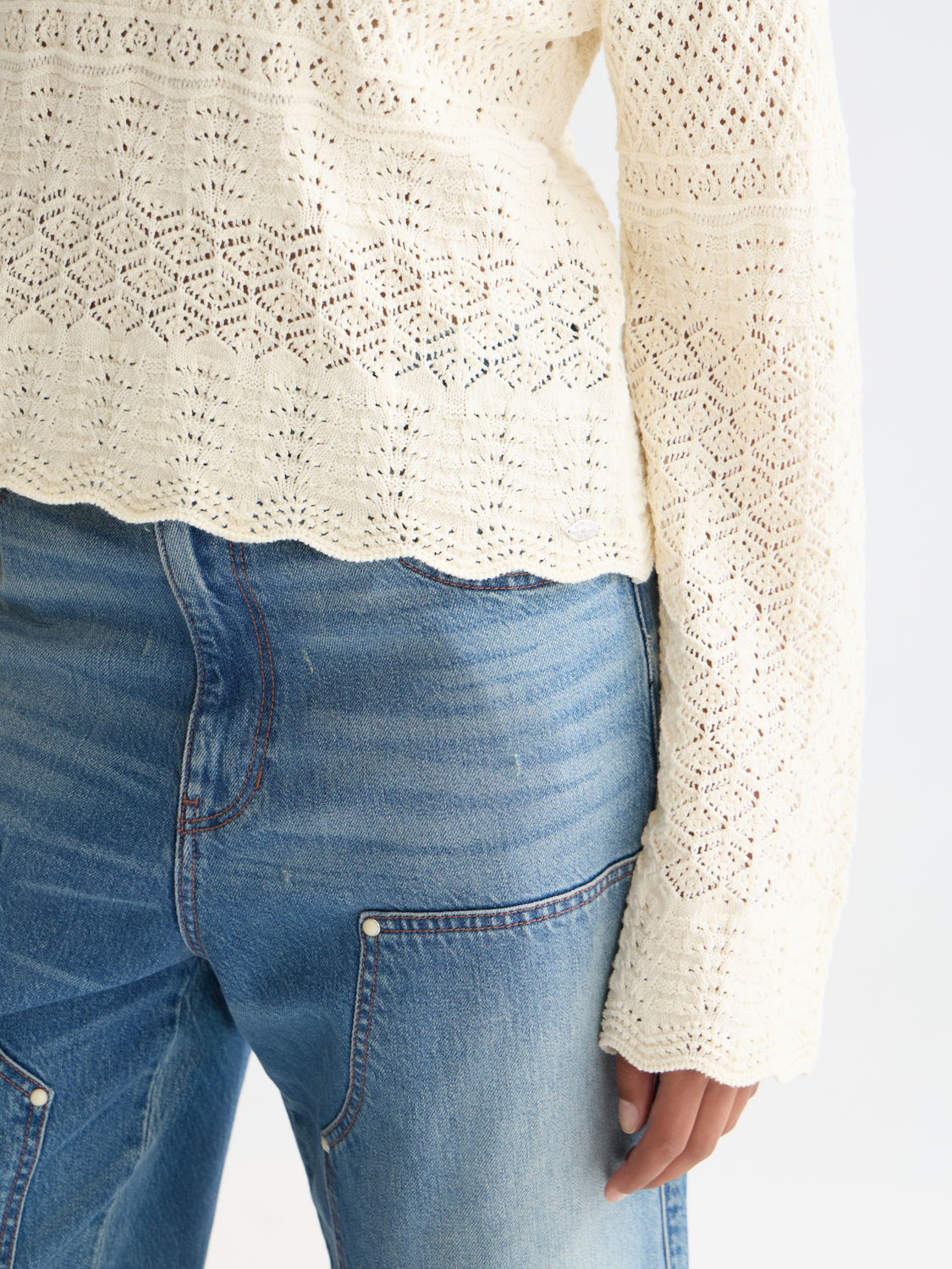 Scotch & Soda Female Pointelle stitch V neck pullover-Eggnog - Image 4