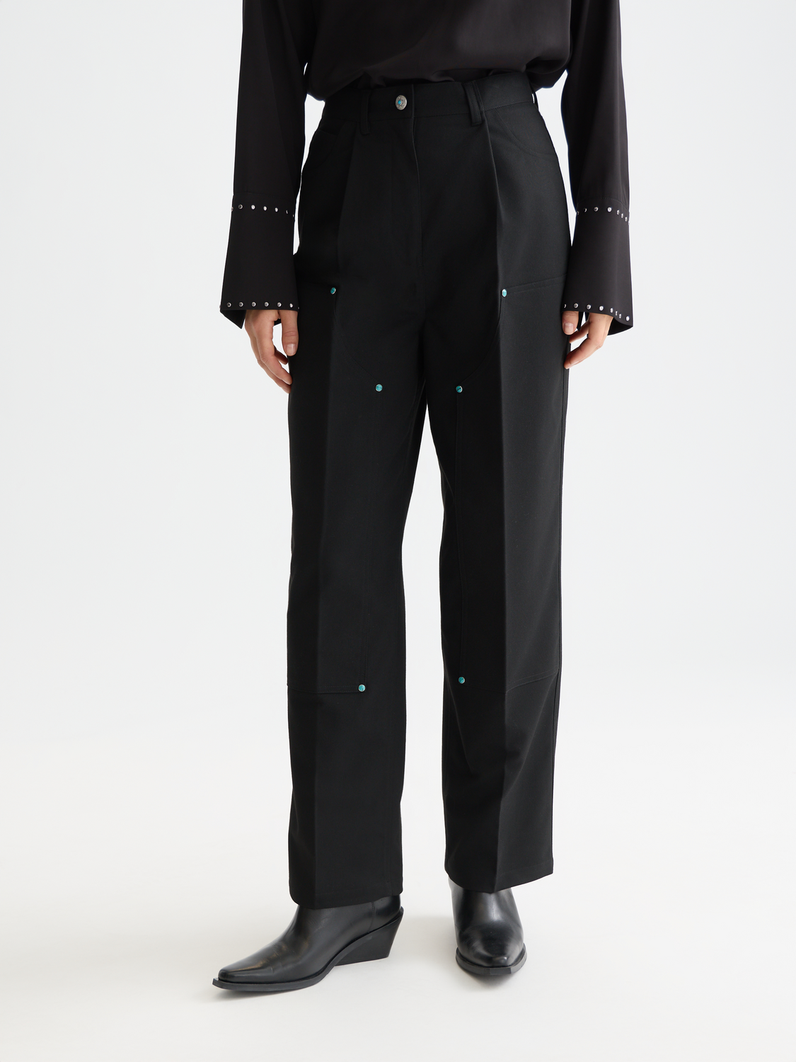 Scotch & Soda Female Raine - Studded high rise wide leg pants-Meteorite
