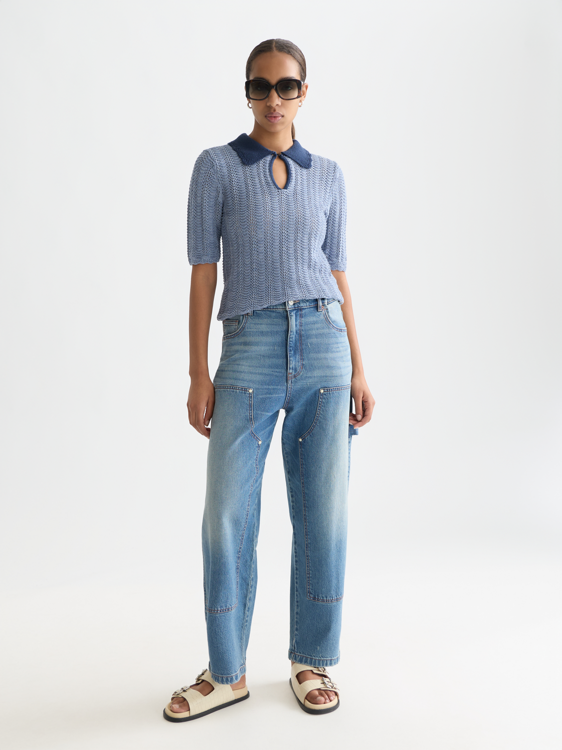 Scotch & Soda Female Pointelle collared knitted tee-Infinity Melange - Image 3