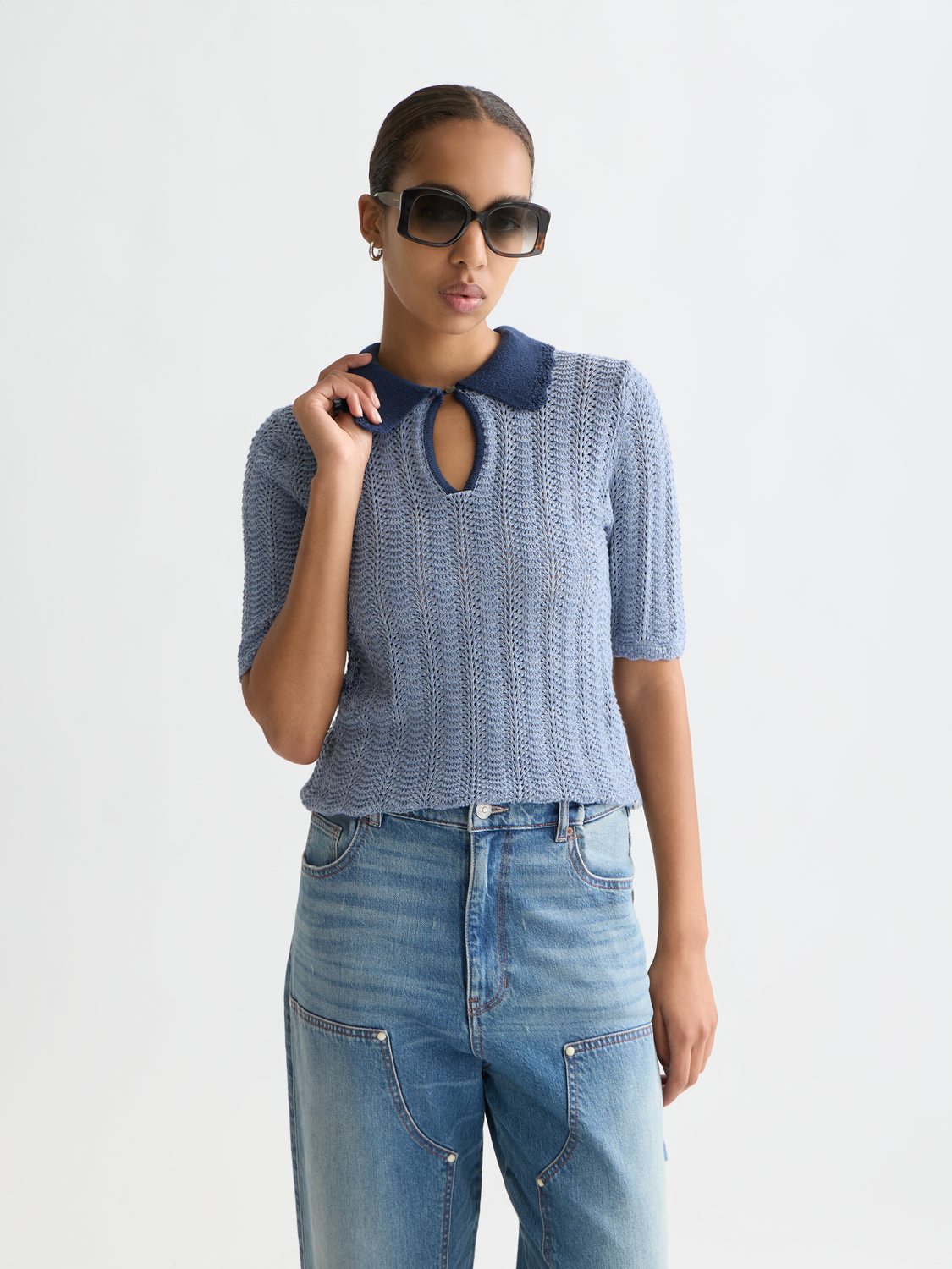 Scotch & Soda Female Pointelle collared knitted tee-Infinity Melange