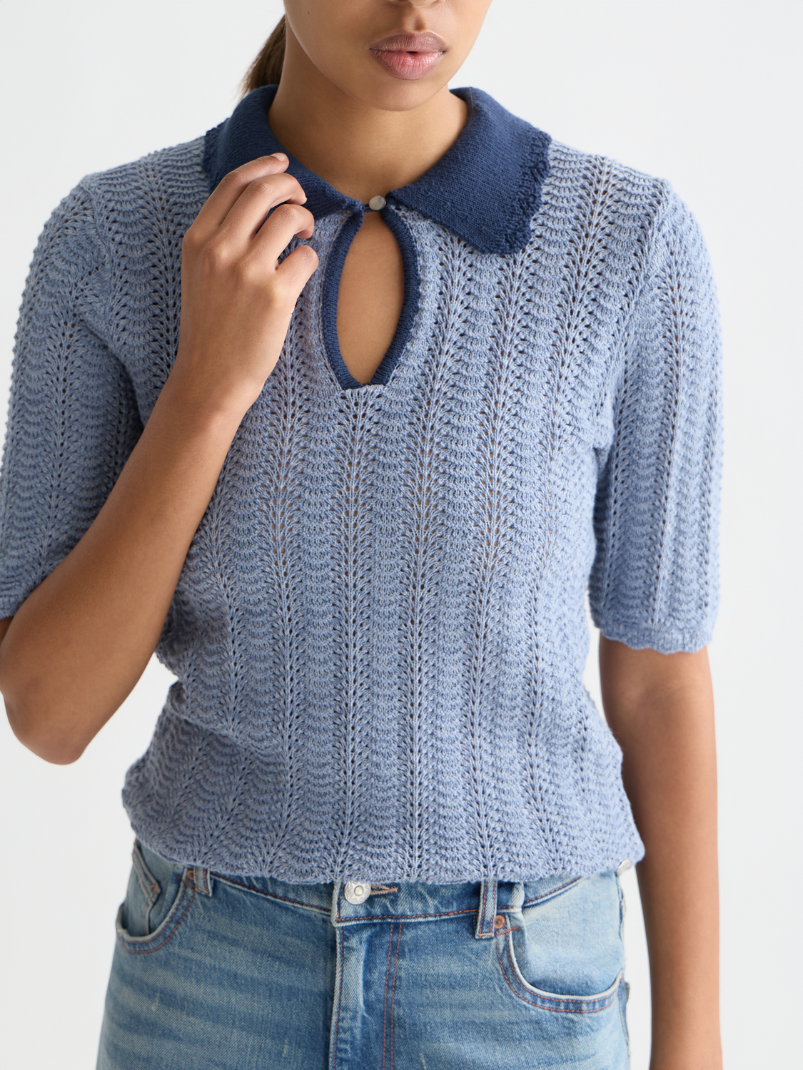 Scotch & Soda Female Pointelle collared knitted tee-Infinity Melange - Image 4