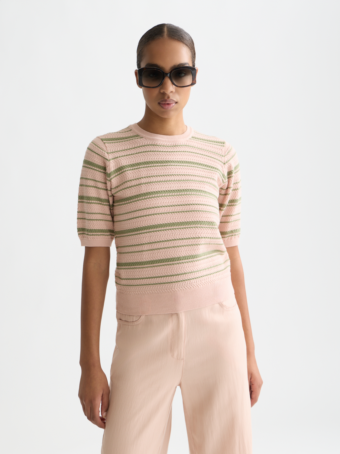 Scotch & Soda Female Textured stripe knitted tee-Rose Dust Stripe